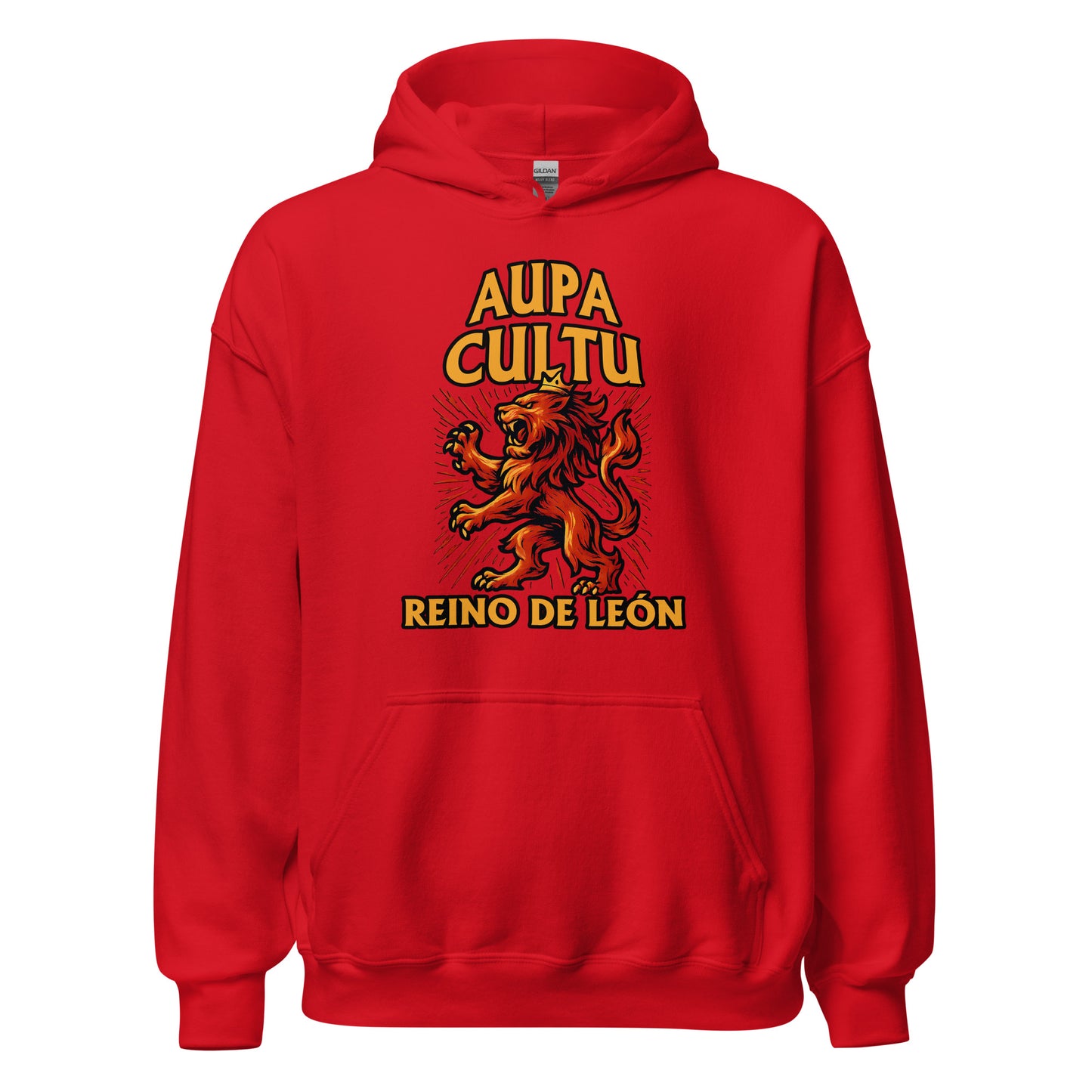 Hoodie Cultural Leonesa rojo equipo fútbol Aupa Cultu con imagen león front