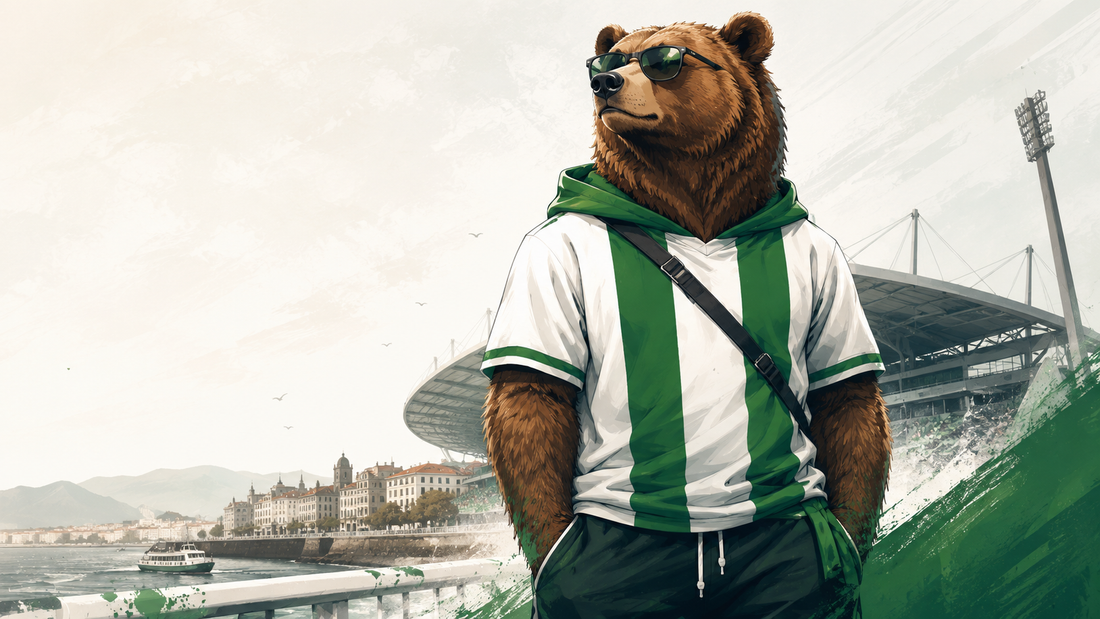 Oso humanizado vestido con los colores verdiblancos inspirado en la cultura del Racing de Santander