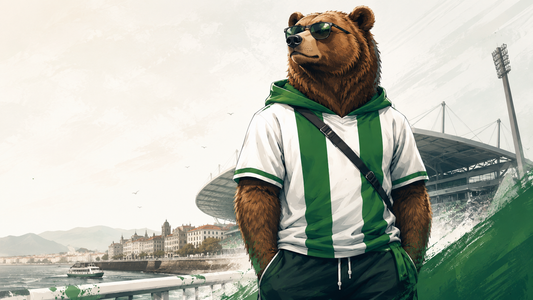 Oso humanizado vestido con los colores verdiblancos inspirado en la cultura del Racing de Santander
