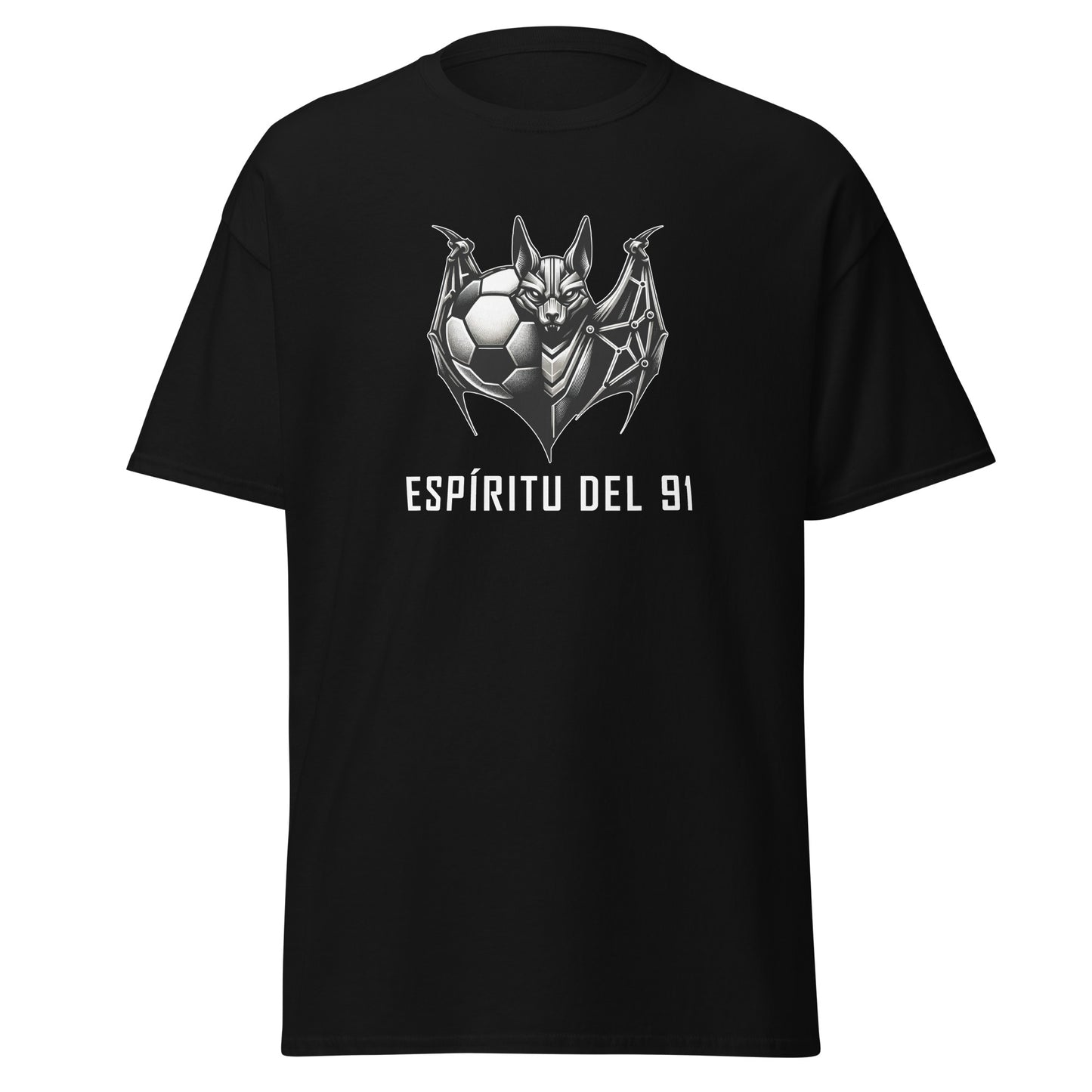 Camiseta negra Albacete equipo fútbol Espíritu del 91 con murciélago front