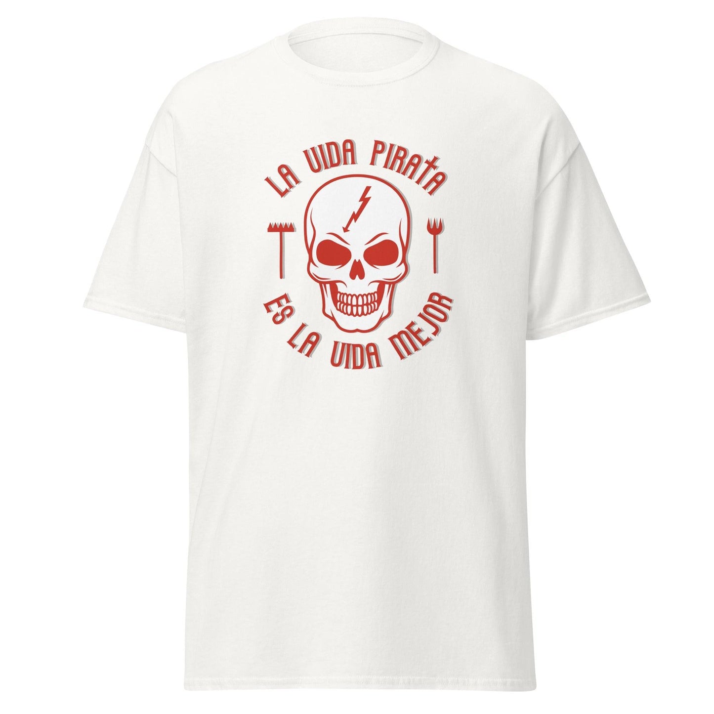 Camiseta blanca Rayo Vallecano equipo fútbol La Vida Pirata es la Vida Mejor calavera front