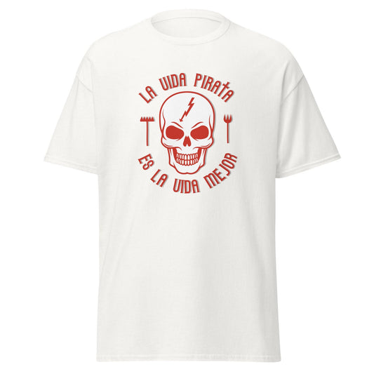 Camiseta blanca Rayo Vallecano equipo fútbol La Vida Pirata es la Vida Mejor calavera front