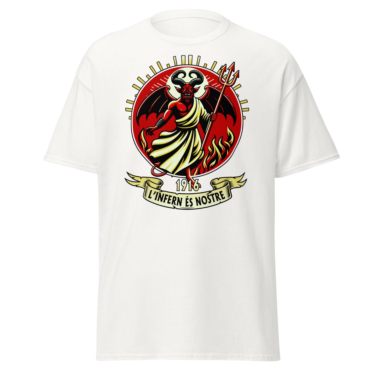 Camiseta blanca Mallorca equipo fútbol L'infern és nostre 1916 con diablo front