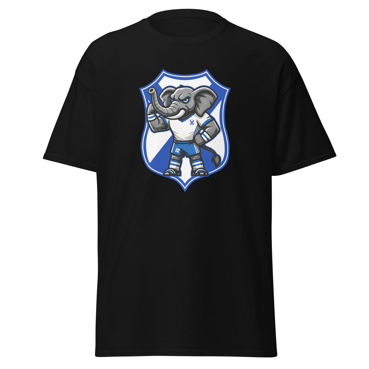 Camiseta Tenerife negra equipo fútbol Elio elefante escudo front