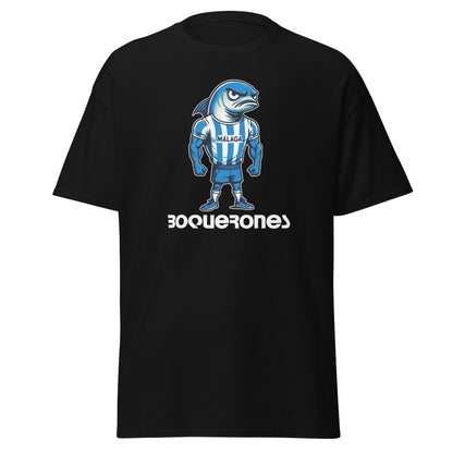 Camiseta Málaga negra equipo fútbol Boquerones con imagen boquerón front