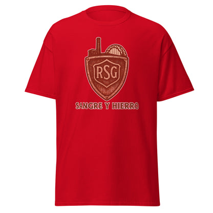 Camiseta Sporting Gijón roja equipo fútbol Sangre y Hierro front