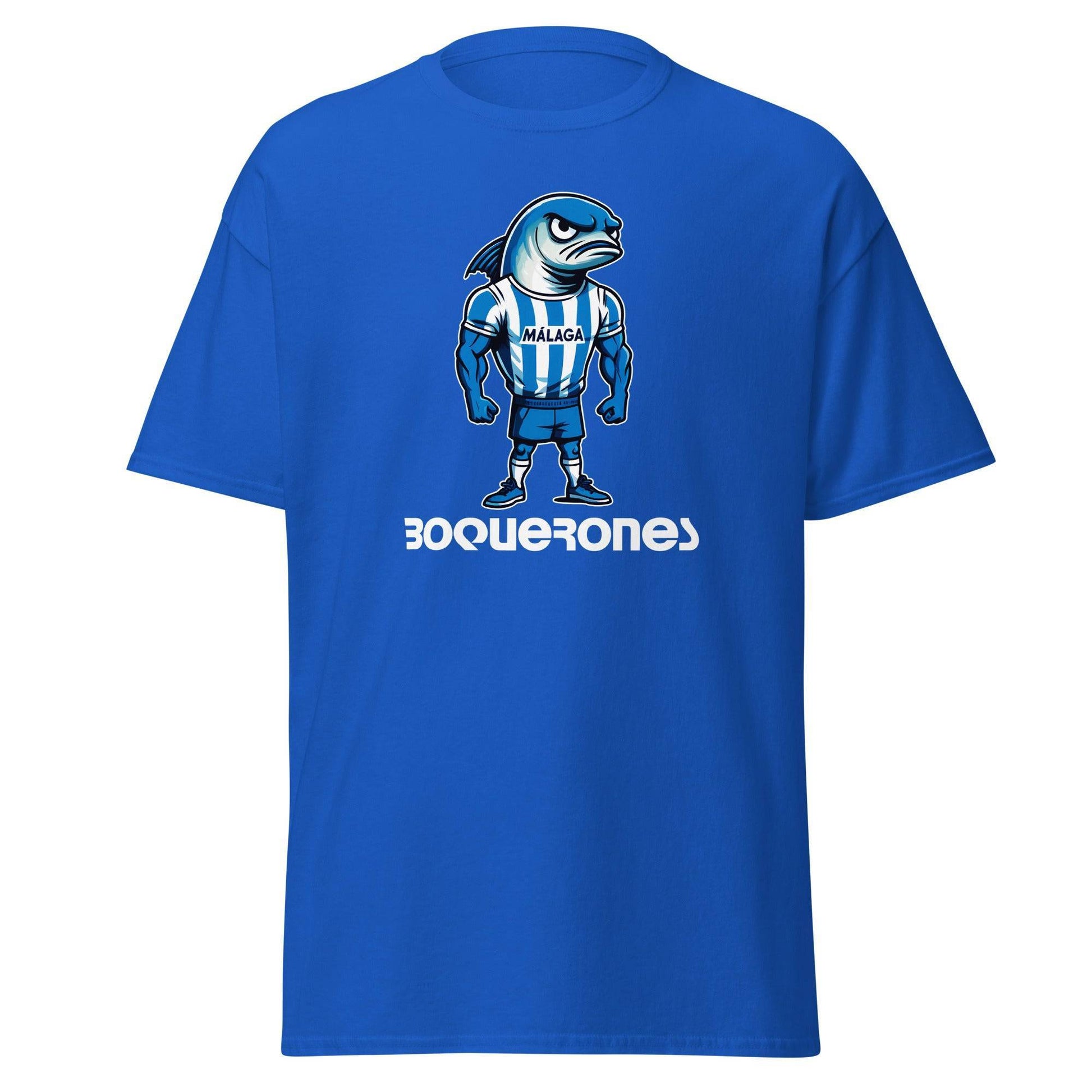 Camiseta Málaga azul equipo fútbol Boquerones con imagen boquerón front