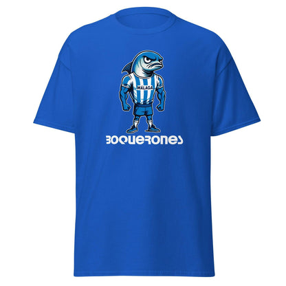 Camiseta Málaga azul equipo fútbol Boquerones con imagen boquerón front