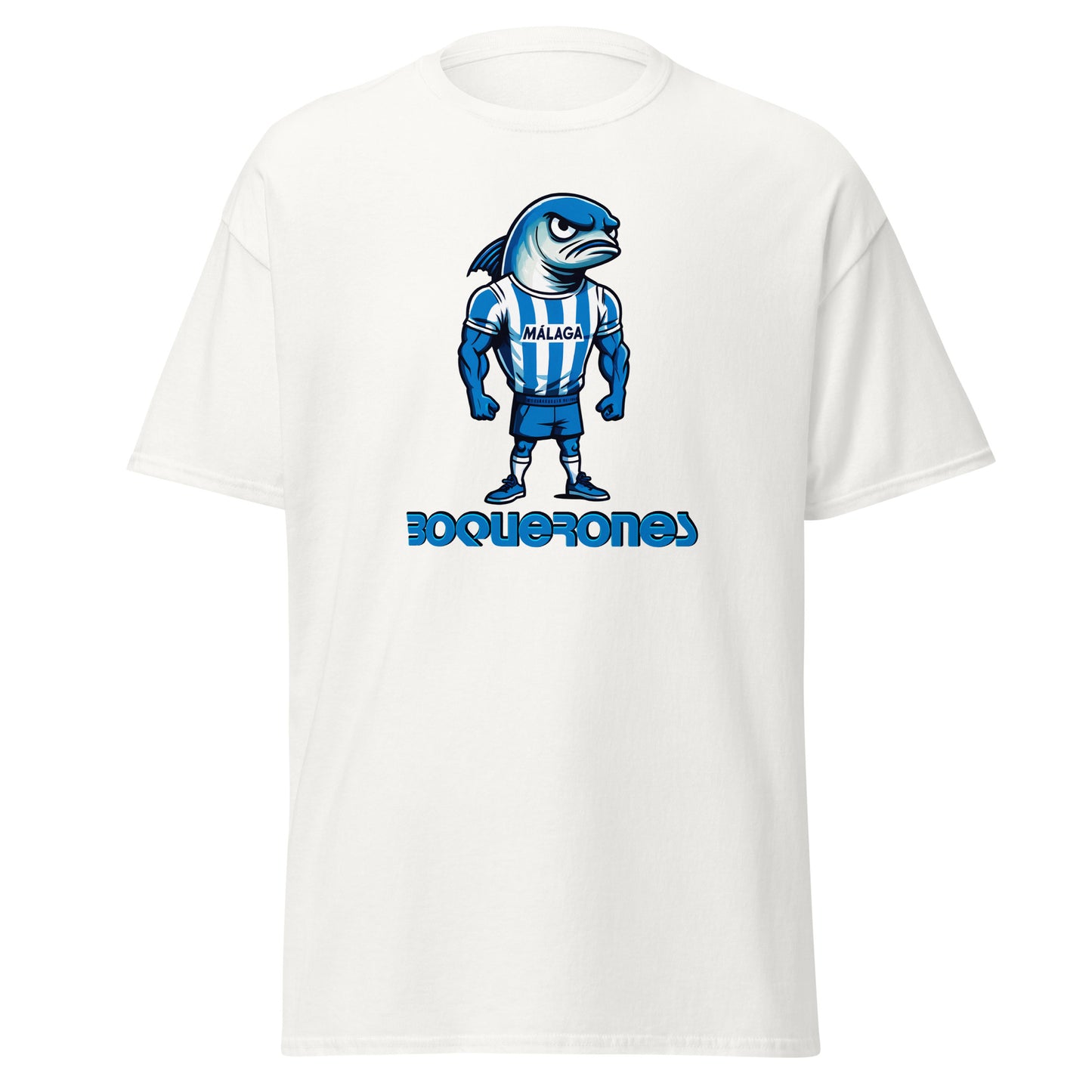 Camiseta Málaga blanca equipo fútbol Boquerones con imagen boquerón front