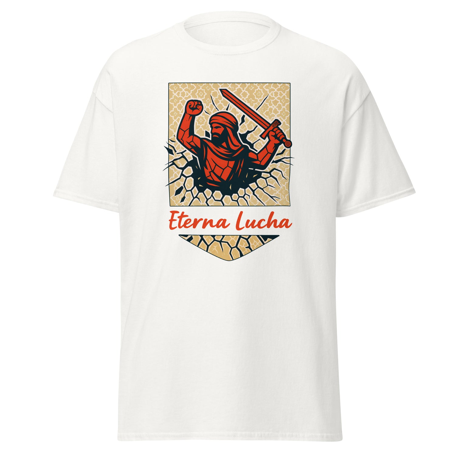 Camiseta Granada blanca equipo fútbol Eterna Lucha con imagen guerrero nazarí front