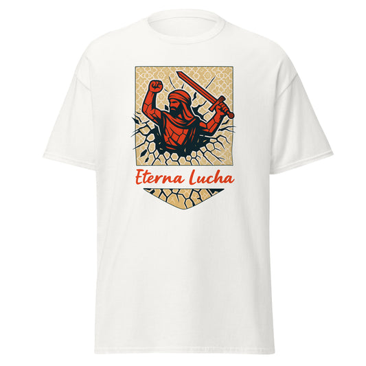 Camiseta Granada blanca equipo fútbol Eterna Lucha con imagen guerrero nazarí front