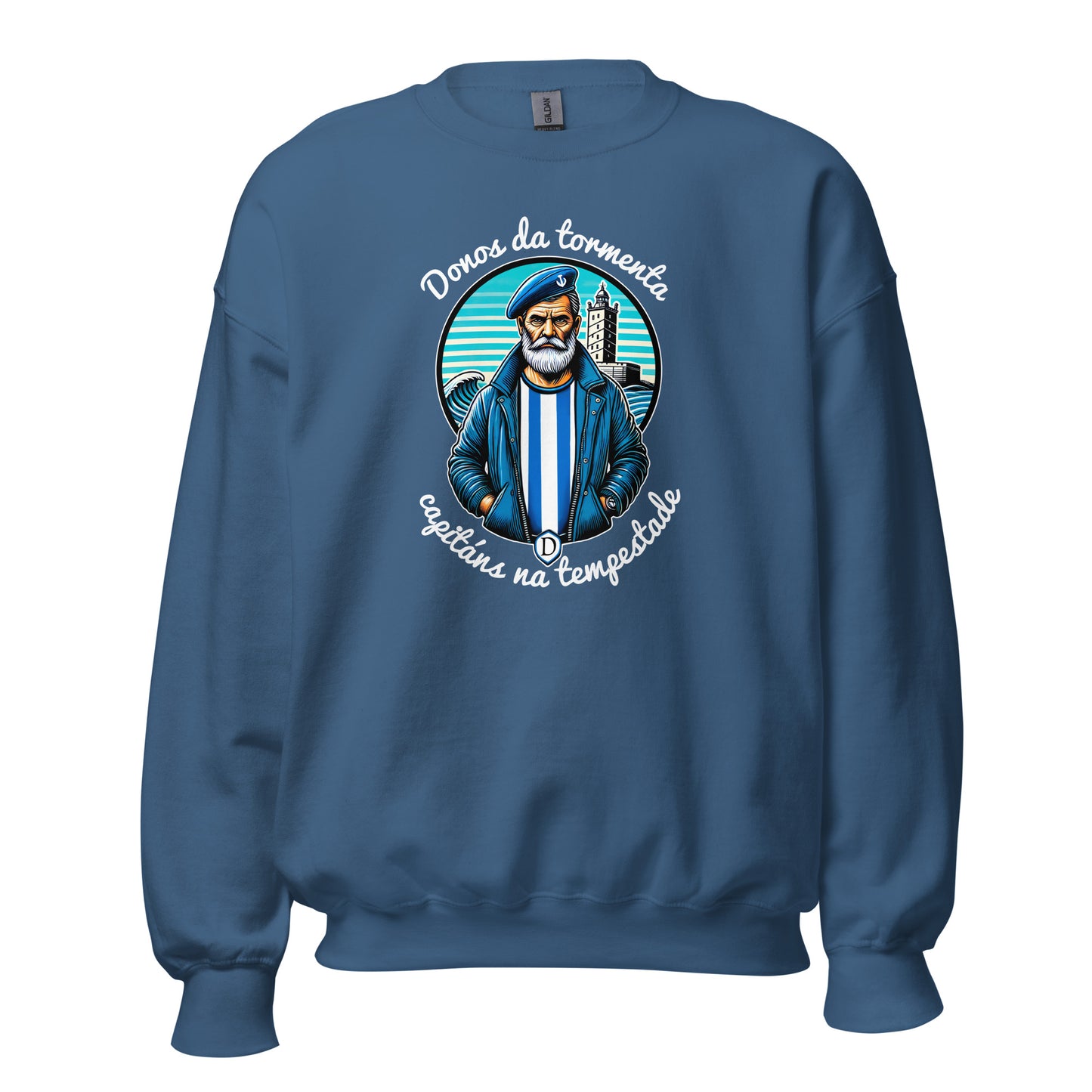 Sudadera Deportivo Coruña azul añil equipo fútbol Donos da Tempestade con imagen marinero front