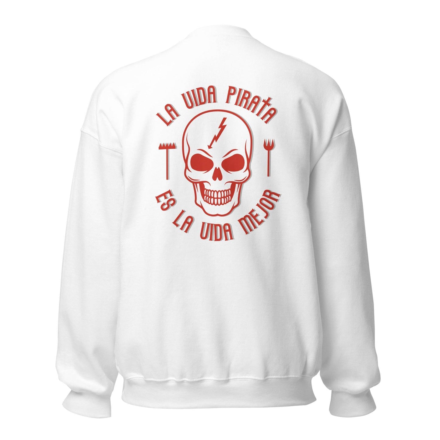 Sudadera blanca Rayo Vallecano equipo fútbol La Vida Pirata es la Vida Mejor calavera back