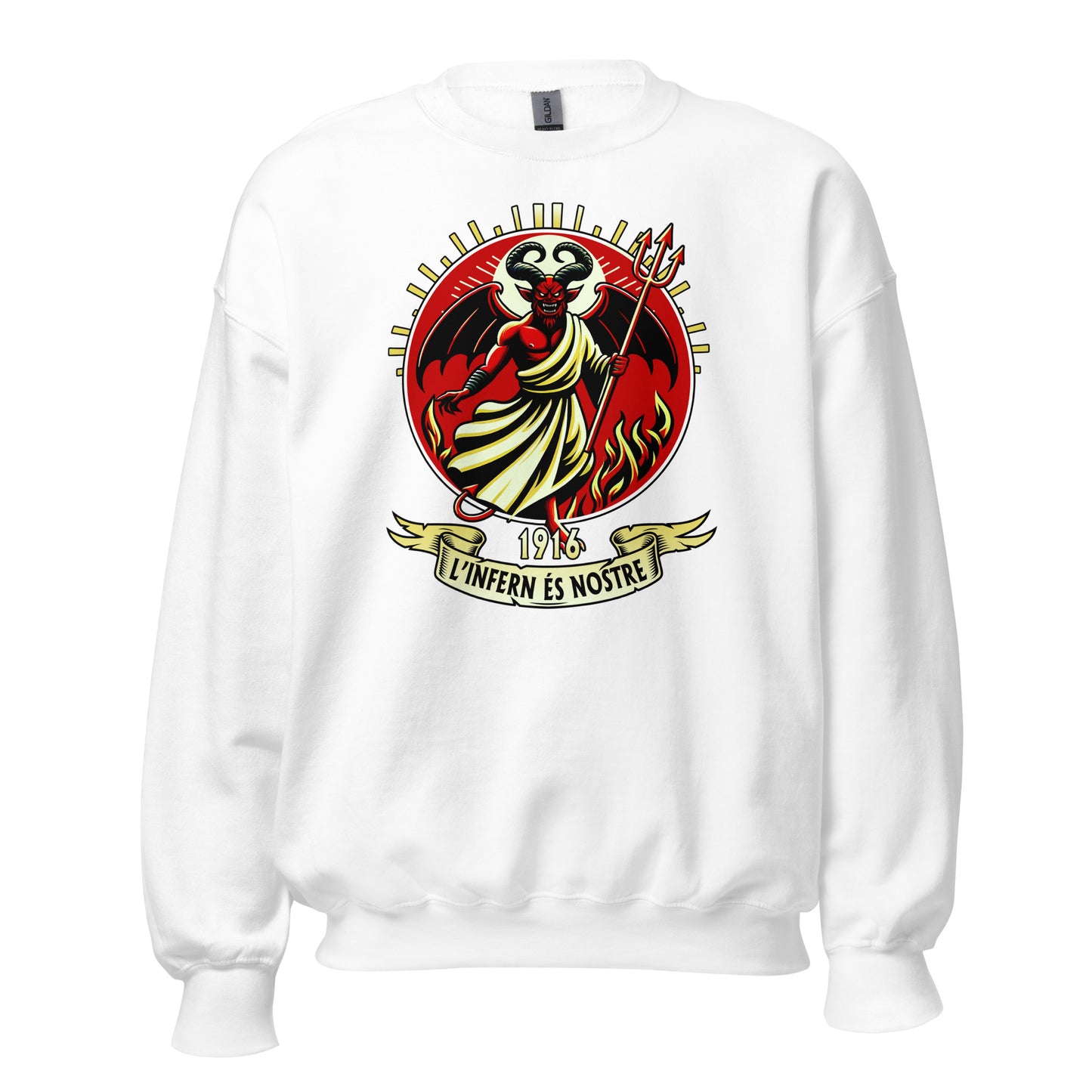 Sudadera blanca Mallorca equipo fútbol L'infern és nostre 1916 con diablo front