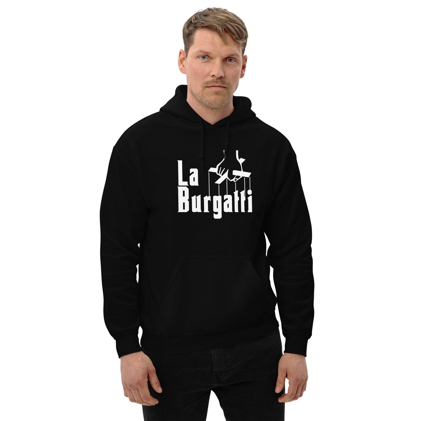 Sudadera capucha negra Burgos equipo fútbol La Burgatti il padrino front