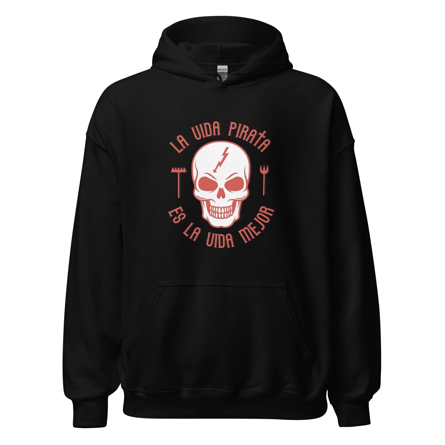 Sudadera capucha negra Rayo Vallecano equipo fútbol La Vida Pirata es la Vida Mejor calavera front