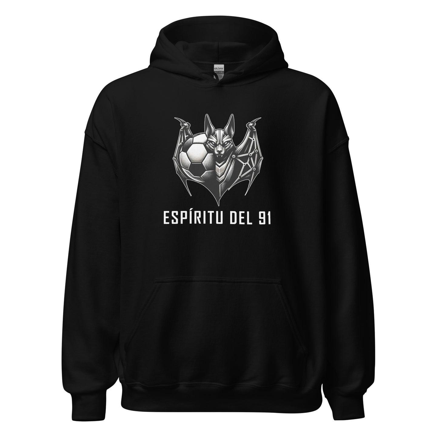 Sudadera capucha negra Albacete equipo fútbol Espíritu del 91 con murciélago front