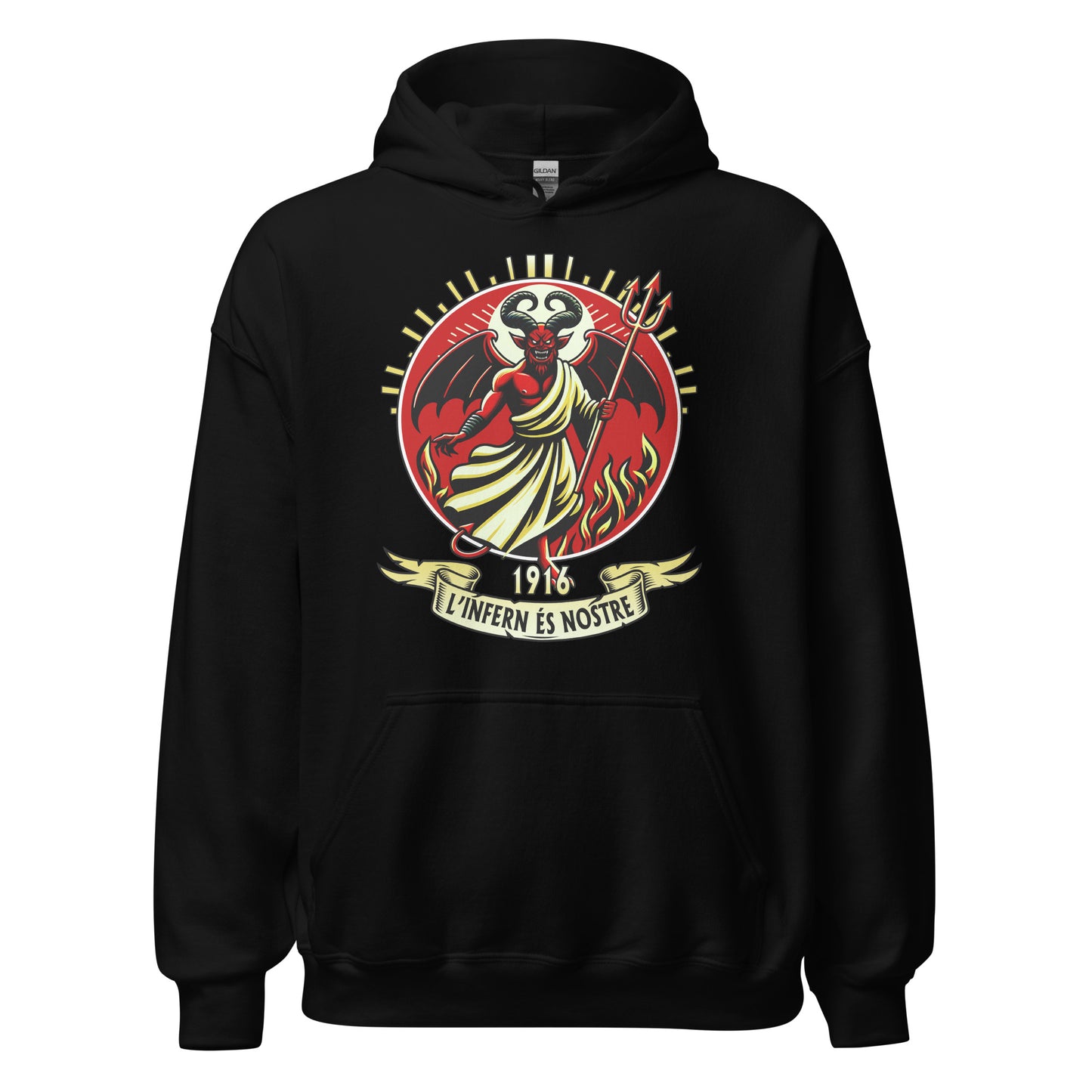 Sudadera capucha negra Mallorca equipo fútbol L'infern és nostre 1916 con diablo front