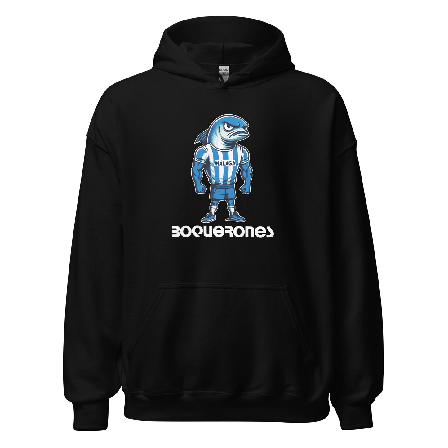 Hoodie Málaga negro equipo fútbol Boquerones con imagen boquerón front