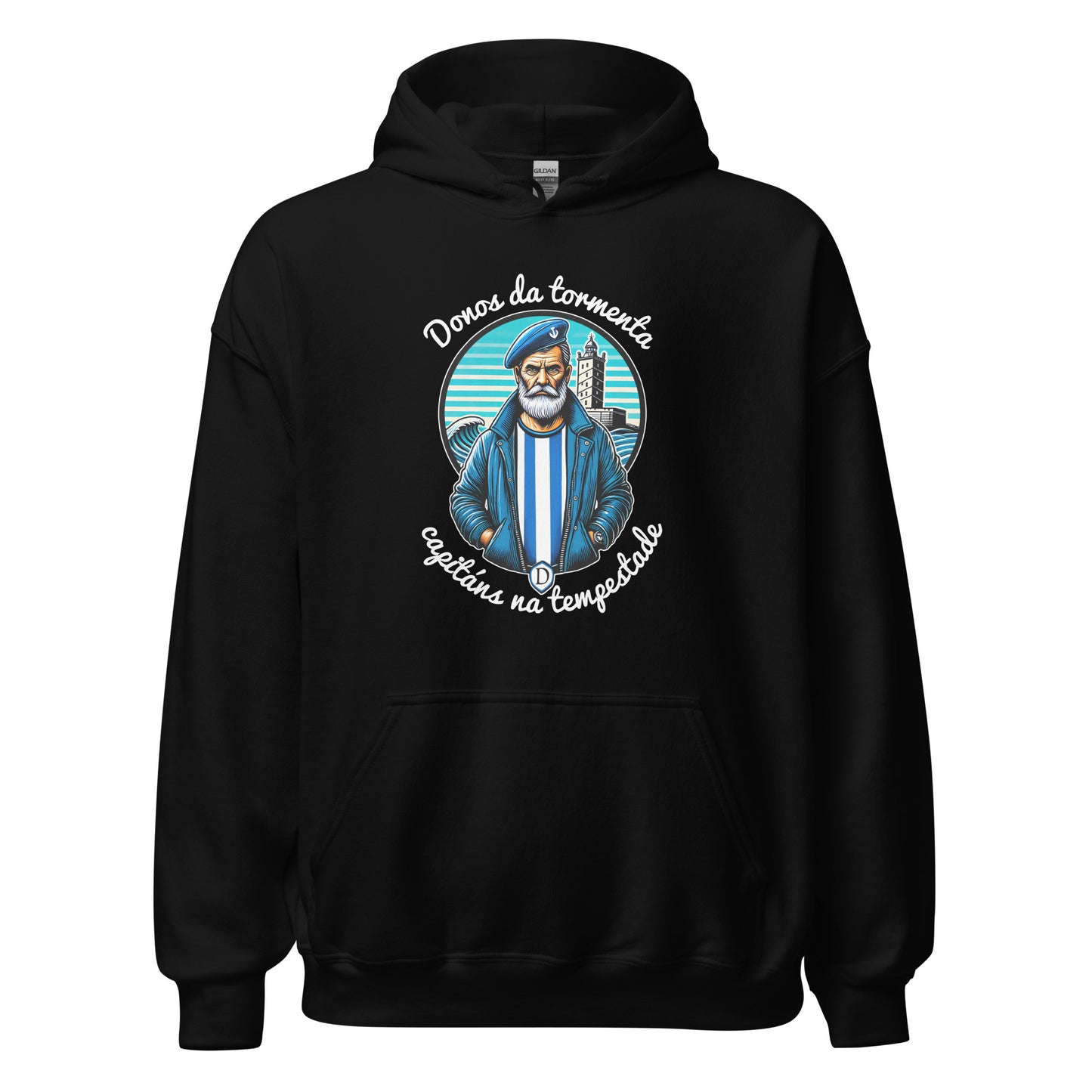 Hoodie Deportivo Coruña negro equipo fútbol Donos da Tempestade con imagen marinero front