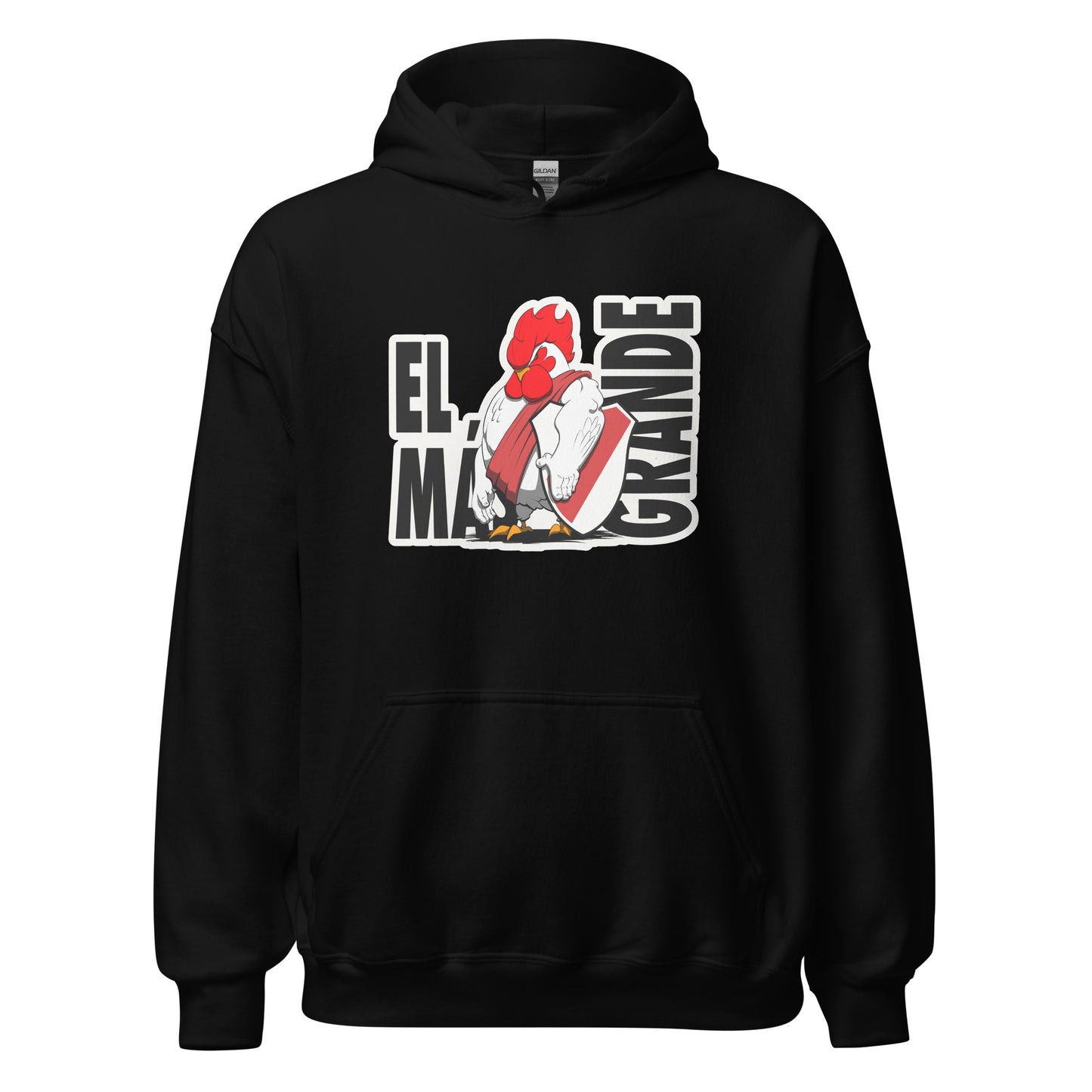 Hoodie River Plate negro equipo fútbol El Más Granse con imagen gallina front
