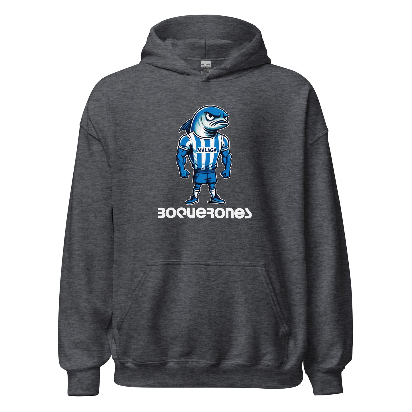 Hoodie Málaga gris equipo fútbol Boquerones con imagen boquerón front