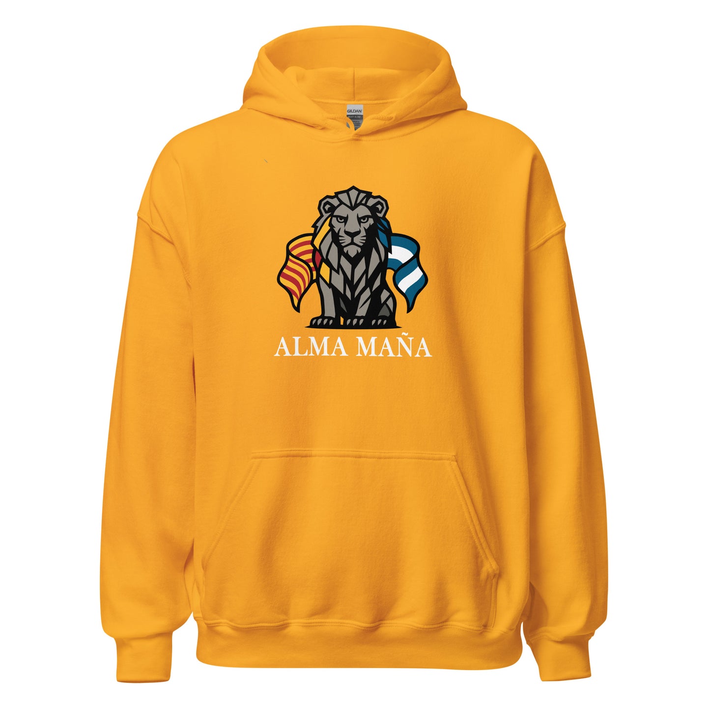 Hoodie Zaragoza amarillo equipo fútbol Alma Maña con imagen león front
