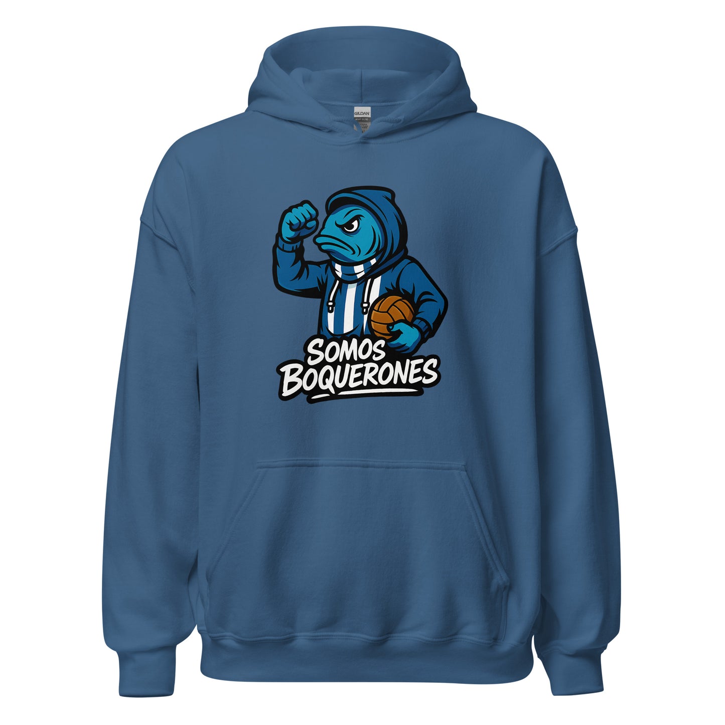 Hoodie Málaga azul indigo equipo fútbol Somos Boquerones front