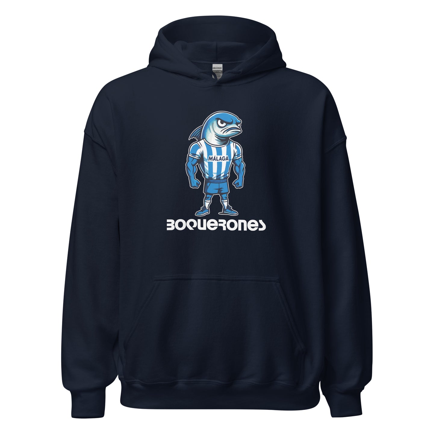 Hoodie Málaga navy equipo fútbol Boquerones con imagen boquerón front