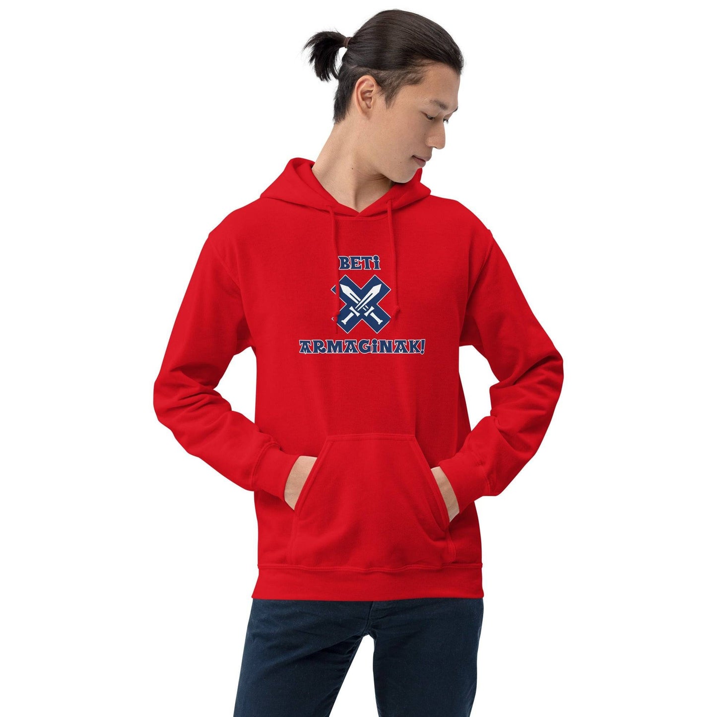 Sudadera capucha roja Eibar equipo fútbol Beti armaginak espadas front