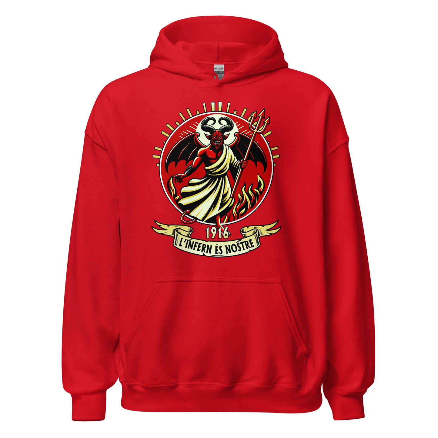 Sudadera capucha roja Mallorca equipo fútbol L'infern és nostre 1916 con diablo front