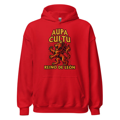 Hoodie Cultural Leonesa rojo equipo fútbol Aupa Cultu con imagen león front