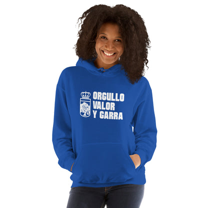 Sudadera capucha azul Oviedo equipo fútbol Orgullo, valor y garra front