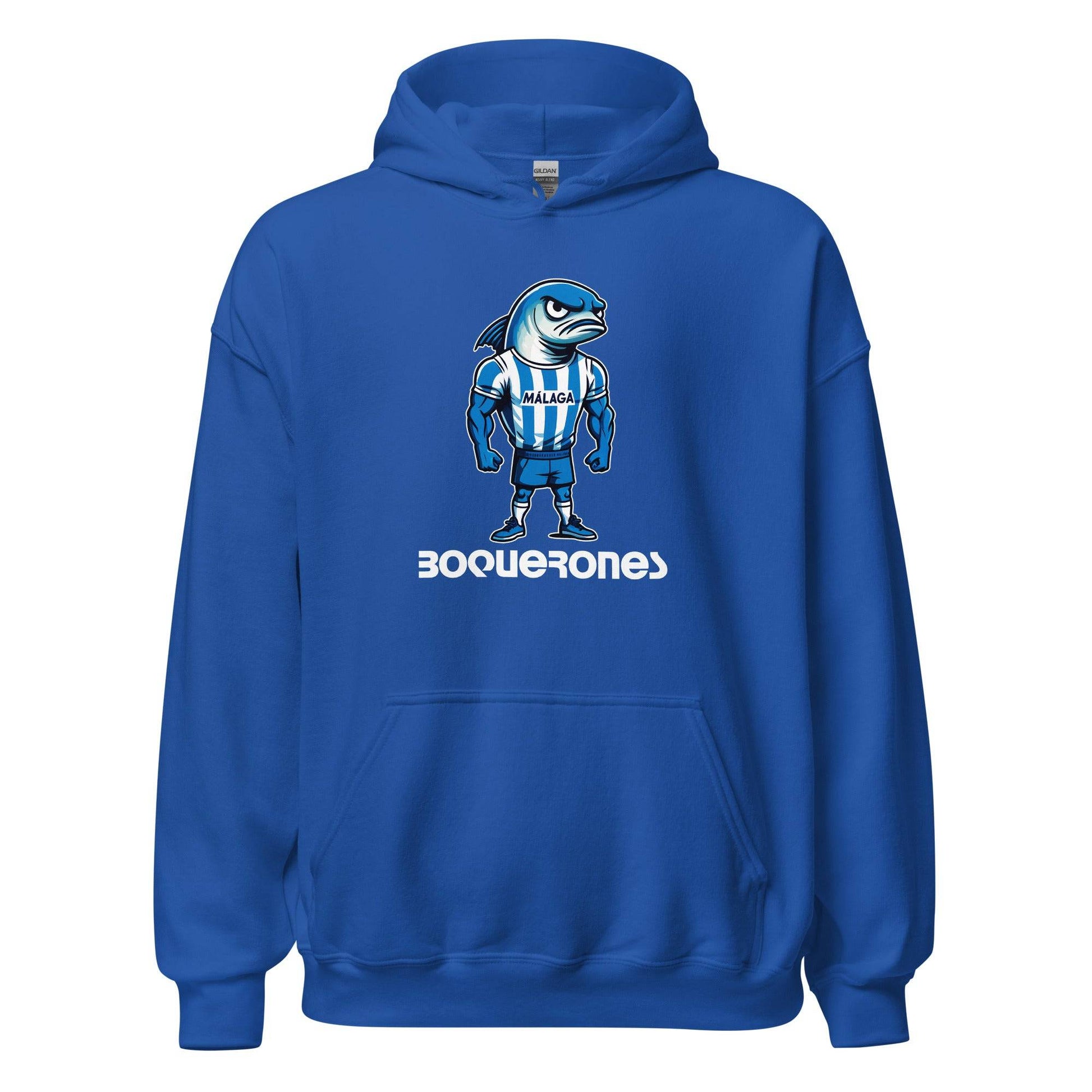 Hoodie Málaga azul equipo fútbol Boquerones con imagen boquerón front