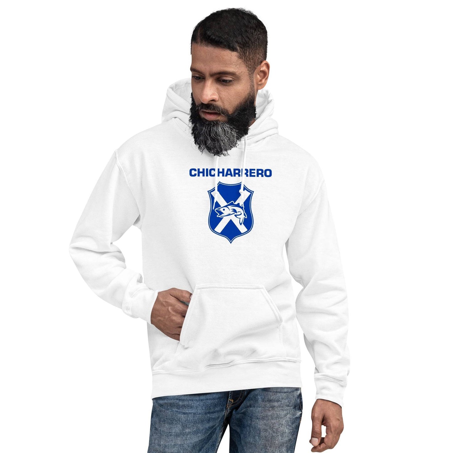 Sudadera capucha blanca Tenerife equipo fútbol Chicharrero pez chicharro escudo front