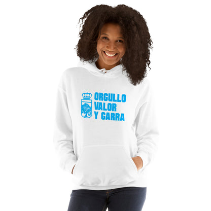 Sudadera capucha blanca Oviedo equipo fútbol Orgullo, valor y garra front