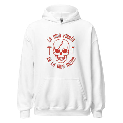 Sudadera capucha blanca Rayo Vallecano equipo fútbol La Vida Pirata es la Vida Mejor calavera front