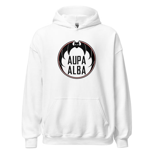 Sudadera capucha blanca Albacete equipo fútbol Aupa Alba Murciélago front