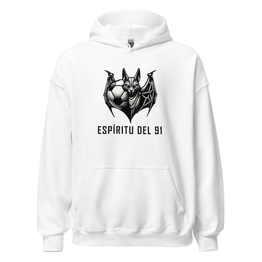 Sudadera capucha blanca Albacete equipo fútbol Espíritu del 91 con murciélago front