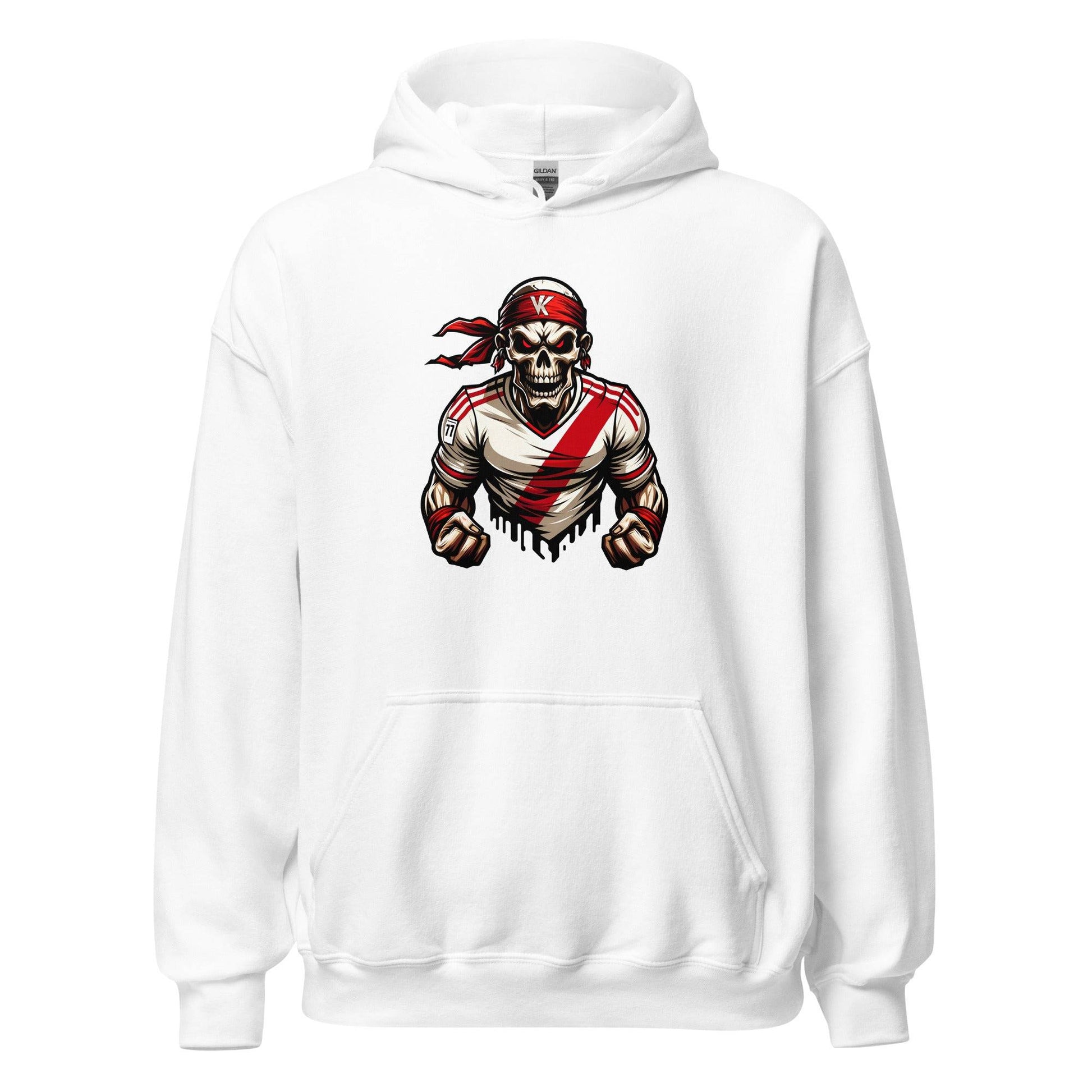 Hoodie Rayo Vallecano blanco equipo fútbol VK con calavera front