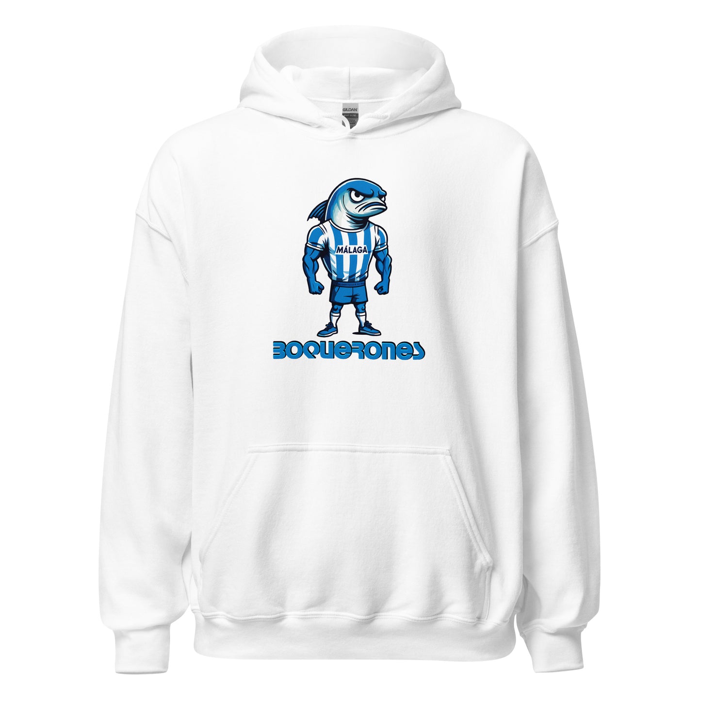 Hoodie Málaga blanco equipo fútbol Boquerones con imagen boquerón front