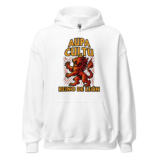 Hoodie Cultural Leonesa blanca equipo fútbol Aupa Cultu con imagen león front