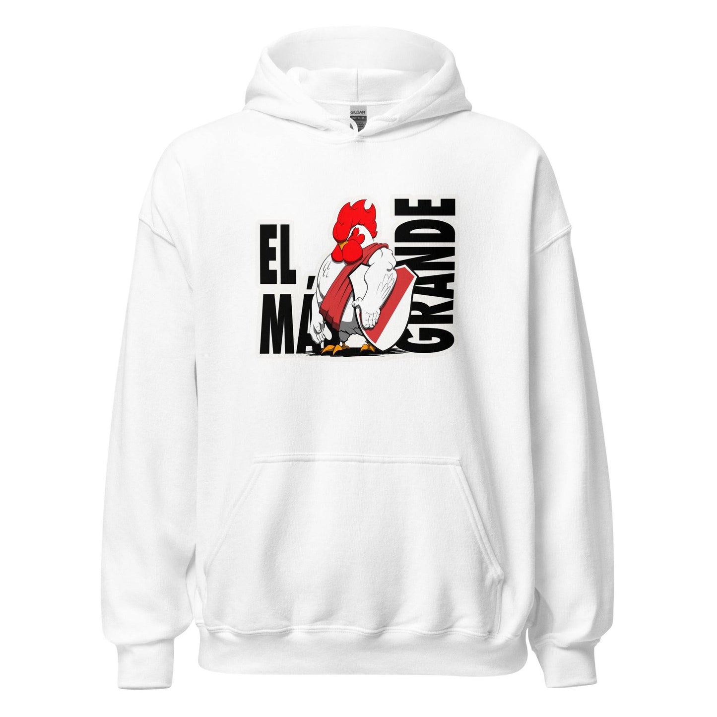 Hoodie River Plate blanco equipo fútbol El Más Granse con imagen gallina front