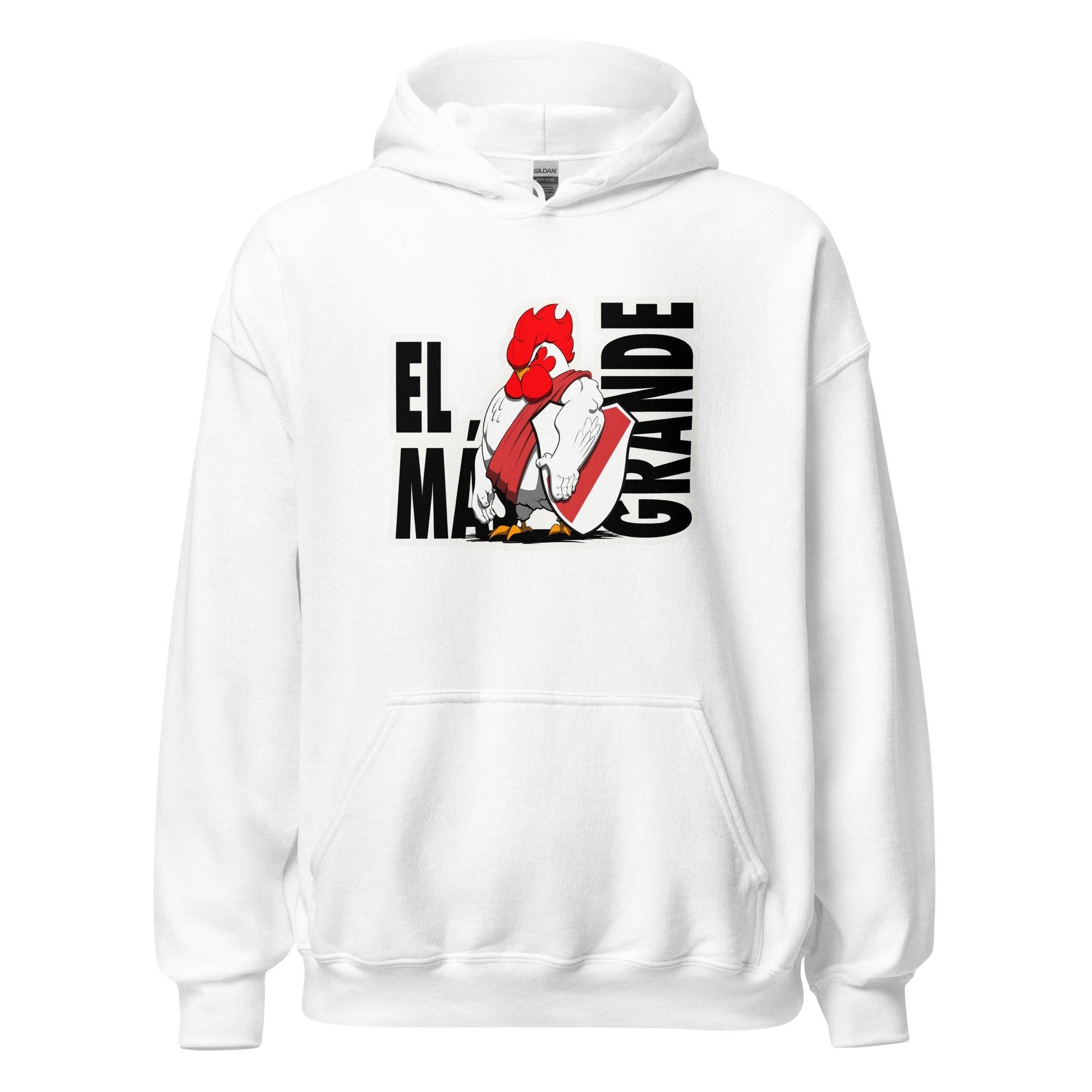 Hoodie River Plate blanco equipo fútbol El Más Granse con imagen gallina front