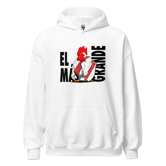 Hoodie River Plate blanco equipo fútbol El Más Granse con imagen gallina front