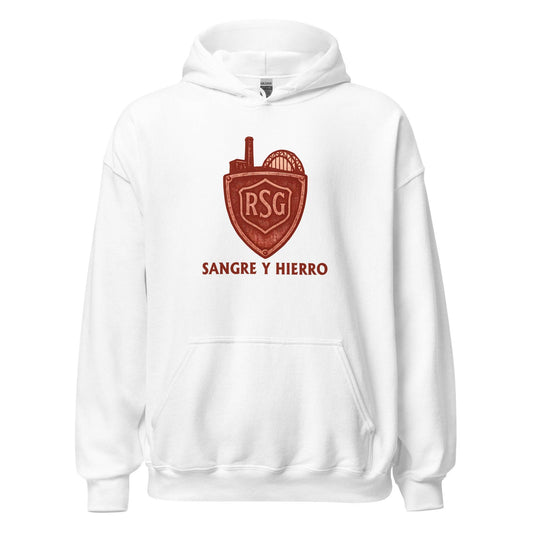 Hoodie Sporting Gijón blanco equipo fútbol Sangre y Hierro front